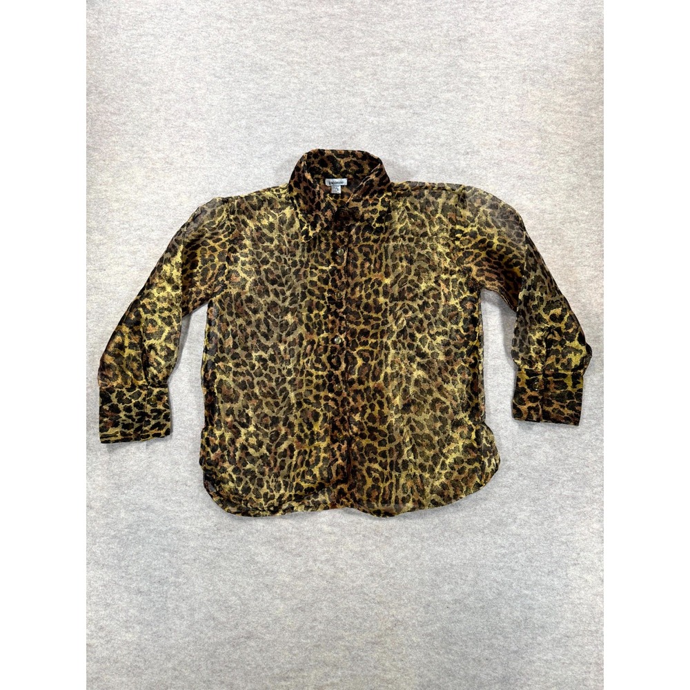 Erika Brooke Shirt Womens Small Black Brown Nylon Leopard Print Sheer Button Up